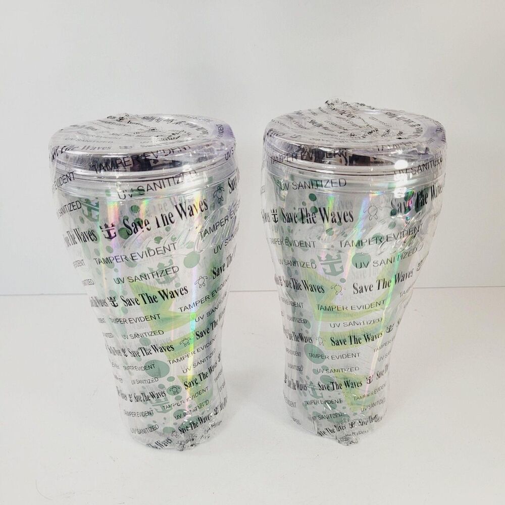 Royal Caribbean Save The Waves Tumblers Lot Of 2 Clear Plastic With Lids